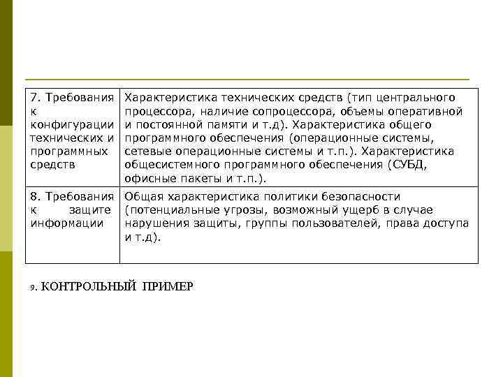 7. Требования  Характеристика технических средств (тип центрального к    процессора, наличие