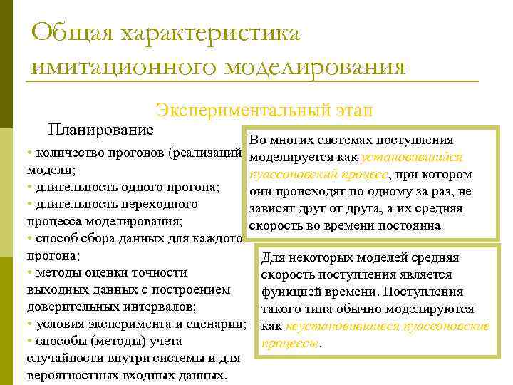Общая характеристика имитационного моделирования    Экспериментальный этап  Планирование   
