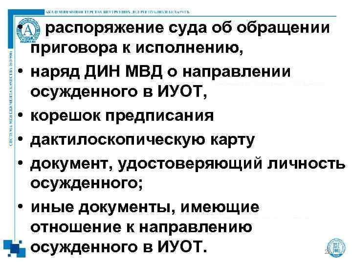  • распоряжение суда об обращении приговора к исполнению,  •  наряд ДИН
