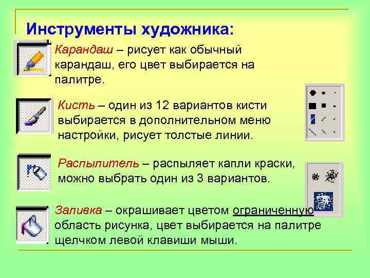 Инструменты художника: Карандаш – рисует как обычный  карандаш, его цвет выбирается на 