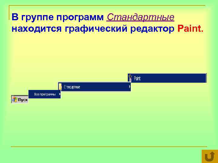 В группе программ Стандартные находится графический редактор Paint. 