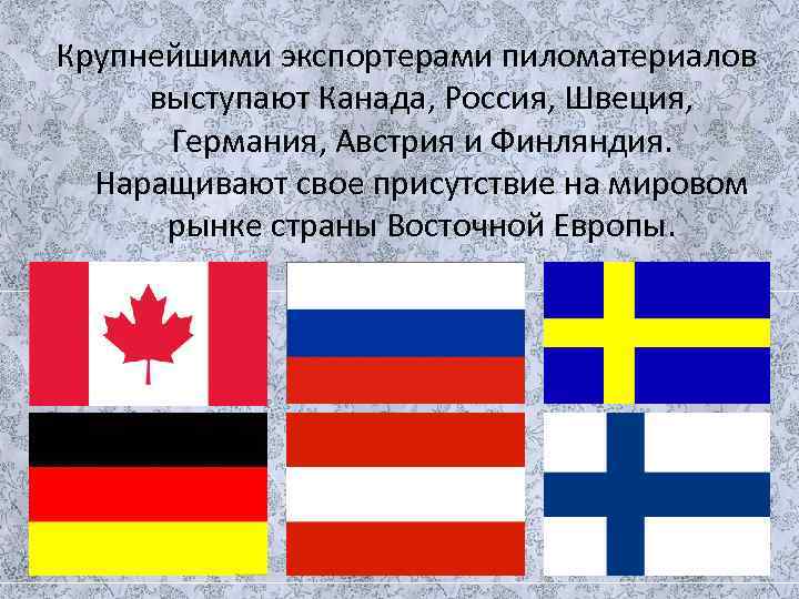 Крупнейшими экспортерами пиломатериалов  выступают Канада, Россия, Швеция,   Германия, Австрия и Финляндия.
