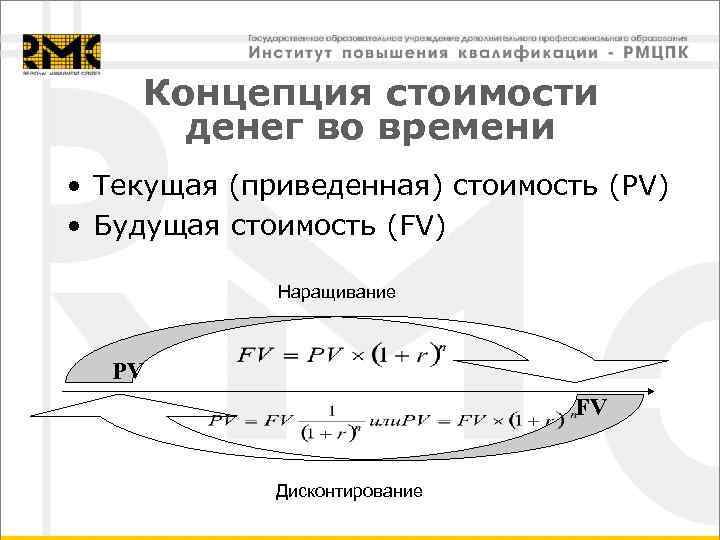   Концепция стоимости  денег во времени • Текущая (приведенная) стоимость (PV) •