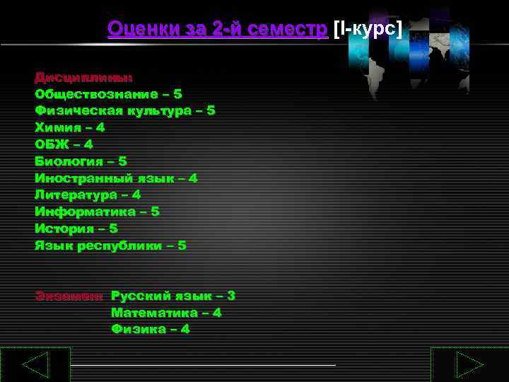    Оценки за 2 -й семестр [I-курс] Дисциплины: Обществознание – 5 Физическая