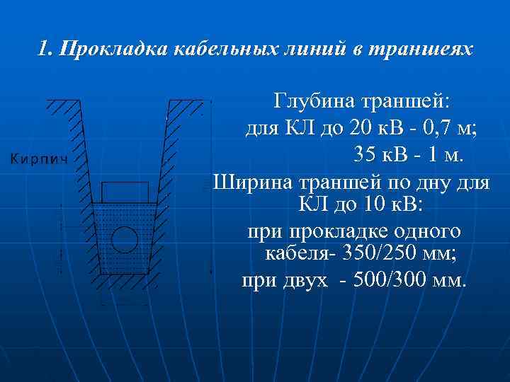 1. Прокладка кабельных линий в траншеях Глубина траншей: 1. Прокладка кабельных линий в траншеях Глубина траншей: