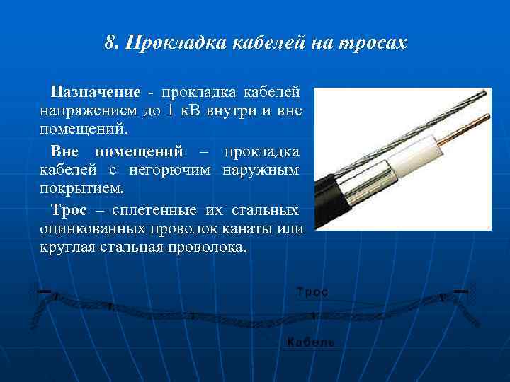 8. Прокладка кабелей на тросах Назначение - прокладка кабелей напряжением до 8. Прокладка кабелей на тросах Назначение - прокладка кабелей напряжением до