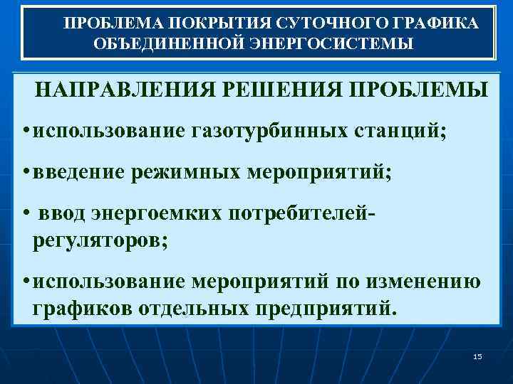   ПРОБЛЕМА ПОКРЫТИЯ СУТОЧНОГО ГРАФИКА ОБЪЕДИНЕННОЙ ЭНЕРГОСИСТЕМЫ  НАПРАВЛЕНИЯ РЕШЕНИЯ ПРОБЛЕМЫ • использование