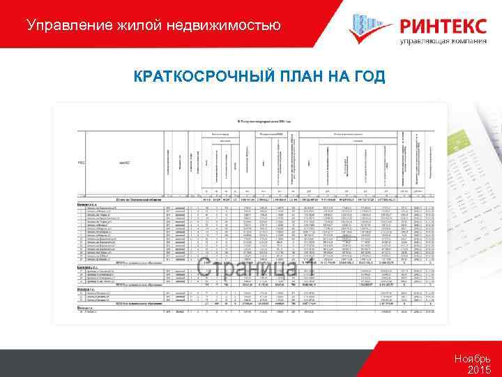 Управление жилой недвижимостью КРАТКОСРОЧНЫЙ ПЛАН НА ГОД Ноябрь 2015 