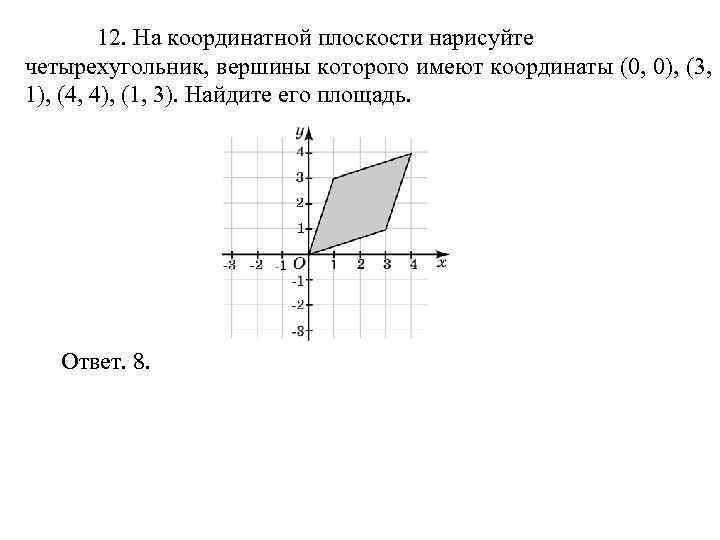    12. На координатной плоскости нарисуйте четырехугольник, вершины которого имеют координаты (0,