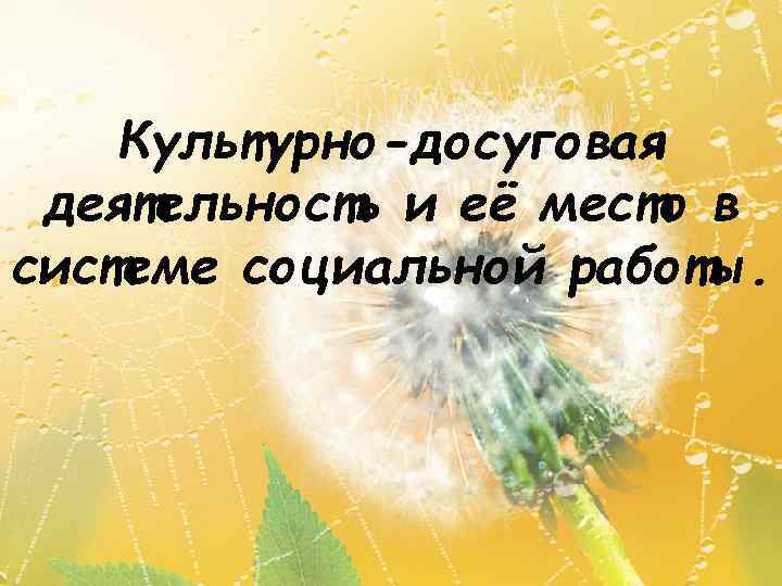   Культурно-досуговая деятельность и её место в системе социальной работы. 