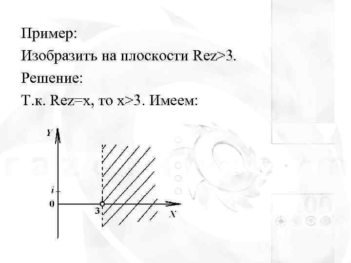 Пример: Изобразить на плоскости Rez>3. Решение: Т. к. Rez=x, то x>3. Имеем: 