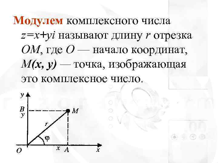 Модулем комплексного числа z=x+yi называют длину r отрезка ОМ, где О — начало координат,
