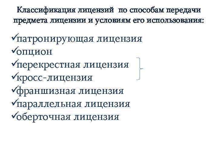  Классификация лицензий по способам передачи предмета лицензии и условиям его использования:  üпатронирующая