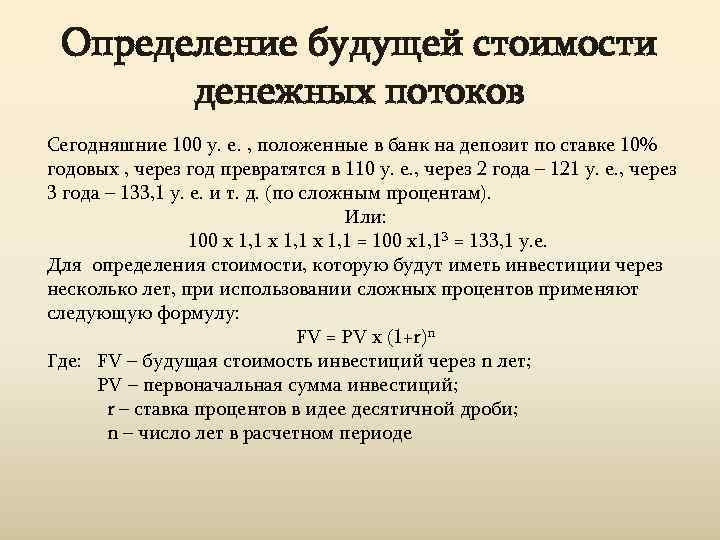  Определение будущей стоимости  денежных потоков Сегодняшние 100 у. е. , положенные в