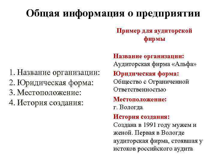   Общая информация о предприятии     Пример для аудиторской 