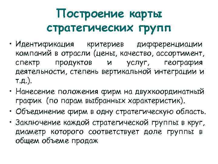   Построение карты   стратегических групп • Идентификация критериев  дифференциации 