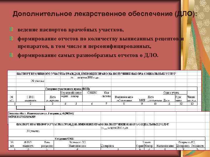 Дополнительное лекарственное обеспечение (ДЛО):  ведение паспортов врачебных участков,  формирование отчетов по количеству