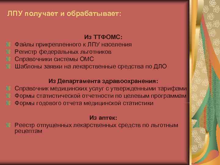 ЛПУ получает и обрабатывает:      Из ТТФОМС:  Файлы прикрепленного