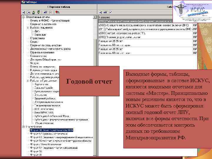     Выходные формы, таблицы, Годовой отчет  сформированные в системе ИСКУС,