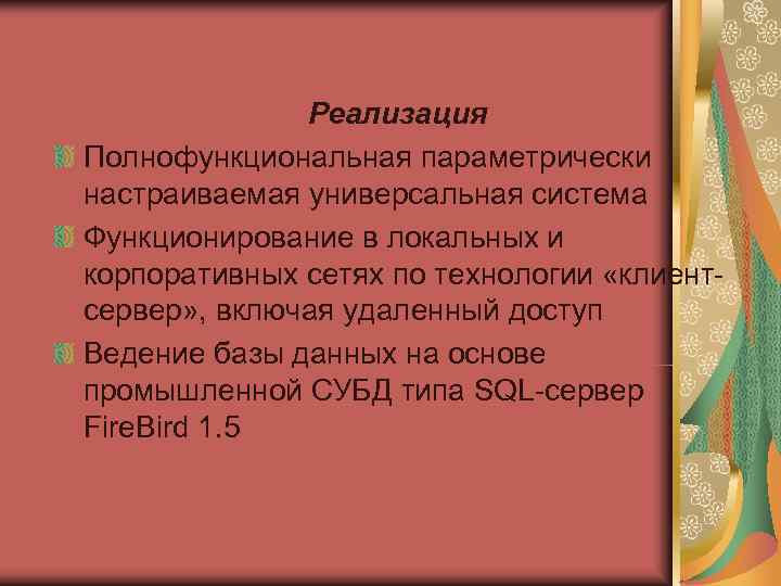    Реализация Полнофункциональная параметрически настраиваемая универсальная система Функционирование в локальных и корпоративных