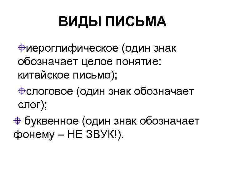   ВИДЫ ПИСЬМА иероглифическое (один знак обозначает целое понятие: китайское письмо);  слоговое