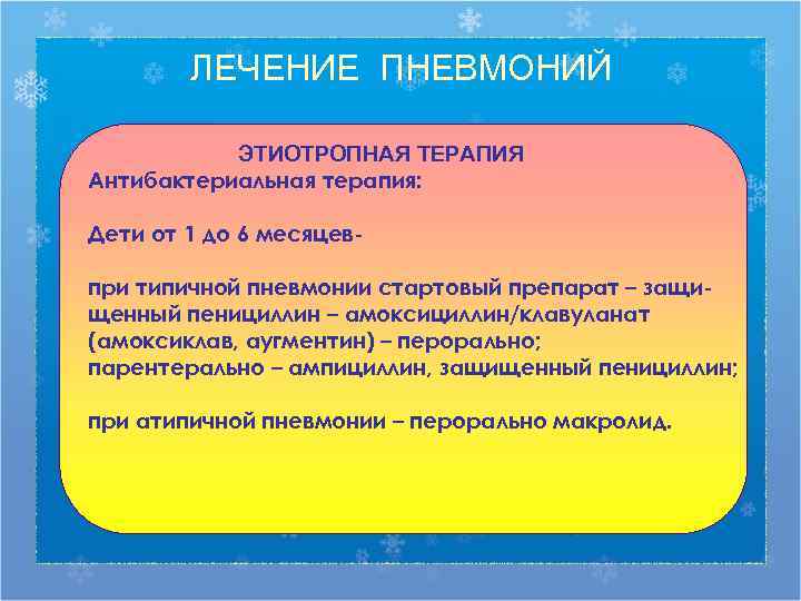  ЛЕЧЕНИЕ ПНЕВМОНИЙ   ЭТИОТРОПНАЯ ТЕРАПИЯ Антибактериальная терапия:  Дети от 1