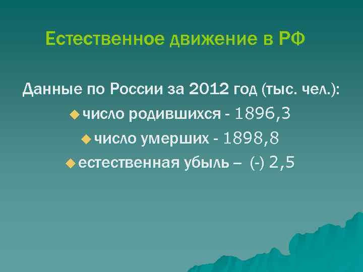  Естественное движение в РФ Данные по России за 2012 год (тыс. чел. ):
