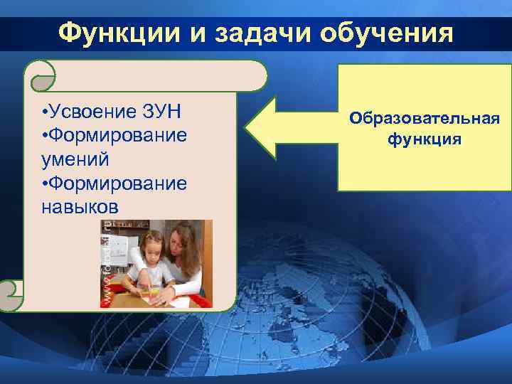  Функции и задачи обучения  • Усвоение ЗУН Образовательная • Формирование  