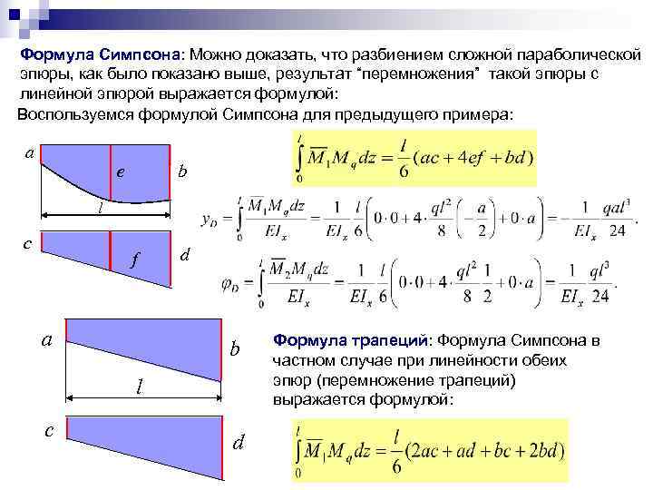 Формула Симпсона: Можно доказать, что разбиением сложной параболической эпюры, как было показано выше, результат