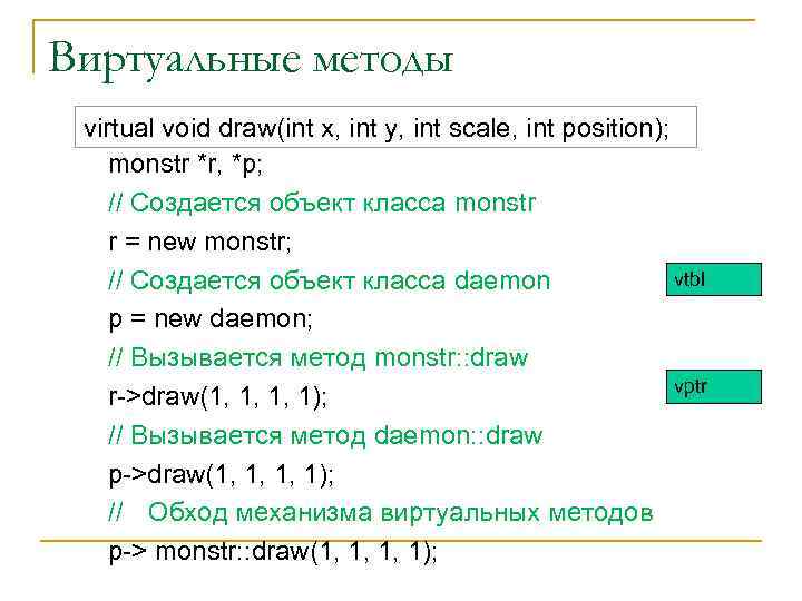 Виртуальные методы virtual void draw(int x, int y, int scale, int position); monstr *r,