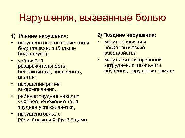Нарушения, вызванные болью 1) Ранние нарушения: 2) Поздние нарушения: • Нарушения, вызванные болью 1) Ранние нарушения: 2) Поздние нарушения: •