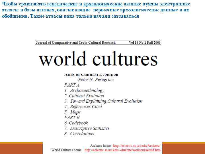 Чтобы сравнивать генетические и археологические данные нужны электронные атласы и базы данных, описывающие первичные