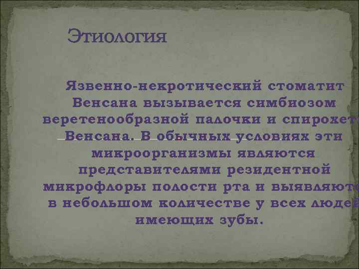  Этиология Язвенно-некротический стоматит Венсана вызывается симбиозом веретенообразной палочки и спирохеты  Венсана. В
