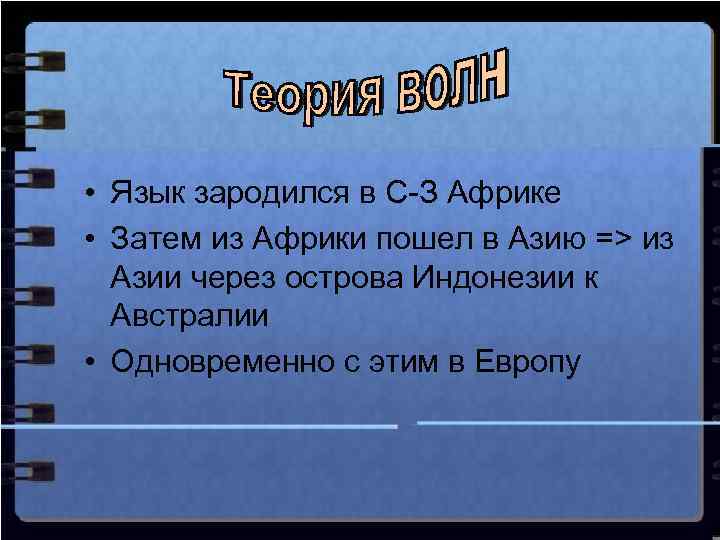  • Язык зародился в С-З Африке • Затем из Африки пошел в Азию