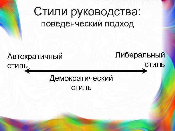 > Стили руководства:   поведенческий подход  Автократичный   Либеральный стиль 