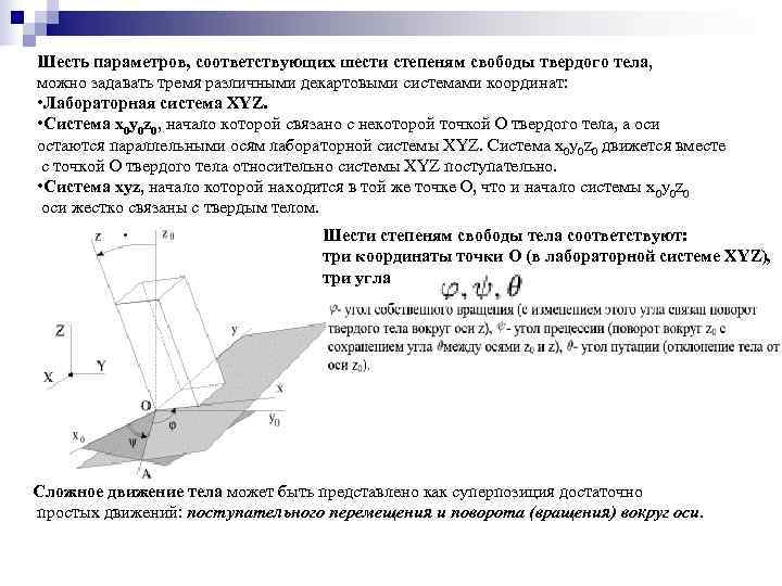 Шесть параметров, соответствующих шести степеням свободы твердого тела, можно задавать тремя различными декартовыми системами