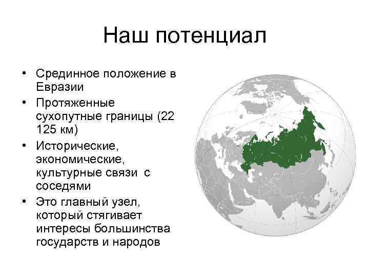  Наш потенциал • Срединное положение в  Евразии • Протяженные  сухопутные