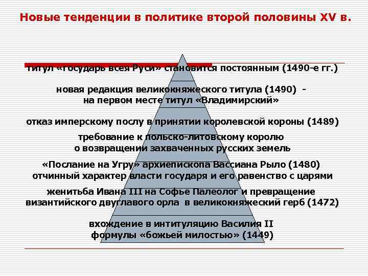 Новые тенденции в политике второй половины XV в. титул «государь всея Руси» становится постоянным Новые тенденции в политике второй половины XV в. титул «государь всея Руси» становится постоянным
