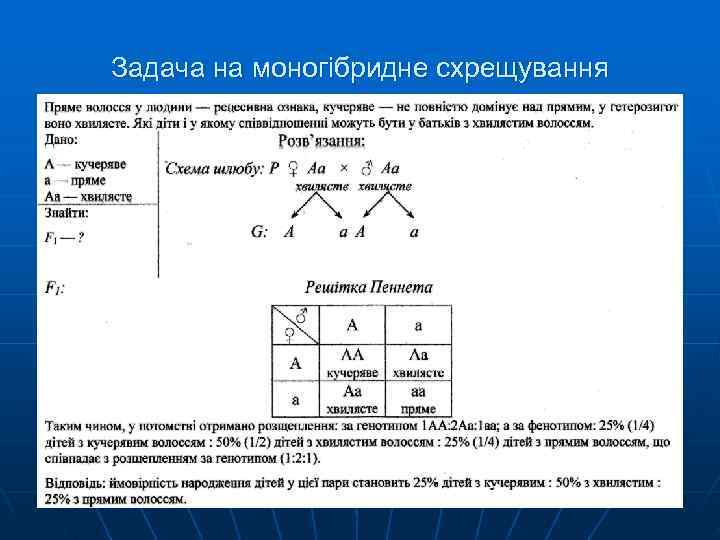Задача на моногібридне схрещування Задача на моногібридне схрещування