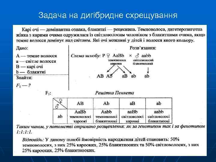 Задача на дигібридне схрещування Задача на дигібридне схрещування