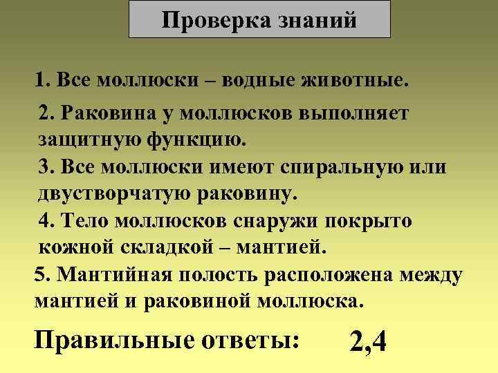   Проверка знаний 1. Все моллюски – водные животные. 2. Раковина у моллюсков