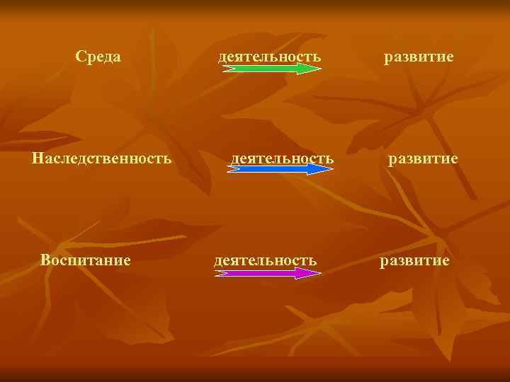   Среда   деятельность  развитие Наследственность  деятельность  развитие Воспитание