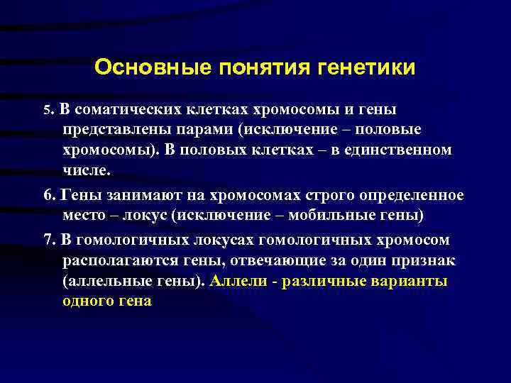  Основные понятия генетики 5. В соматических клетках хромосомы и гены представлены парами (исключение