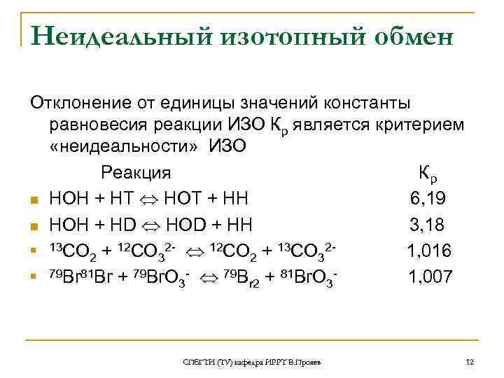 Неидеальный изотопный обмен Отклонение от единицы значений константы  равновесия реакции ИЗО Кр является