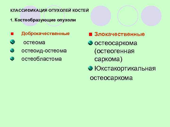 КЛАССИФИКАЦИЯ ОПУХОЛЕЙ КОСТЕЙ 1. Костеобразующие опухоли  Доброкачественные  Злокачественные остеома   