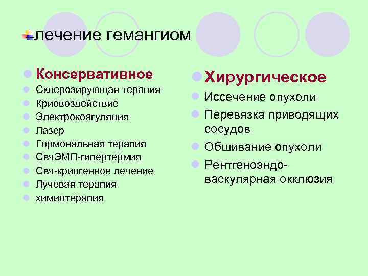   лечение гемангиом l Консервативное   l Хирургическое l  Склерозирующая терапия