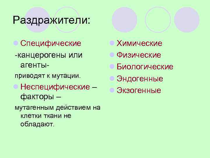 Раздражители:  l Специфические  l Химические -канцерогены или   l Физические 