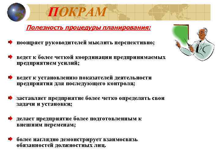    ПОКРАМ  Полезность процедуры планирования:  поощряет руководителей мыслить перспективно; 