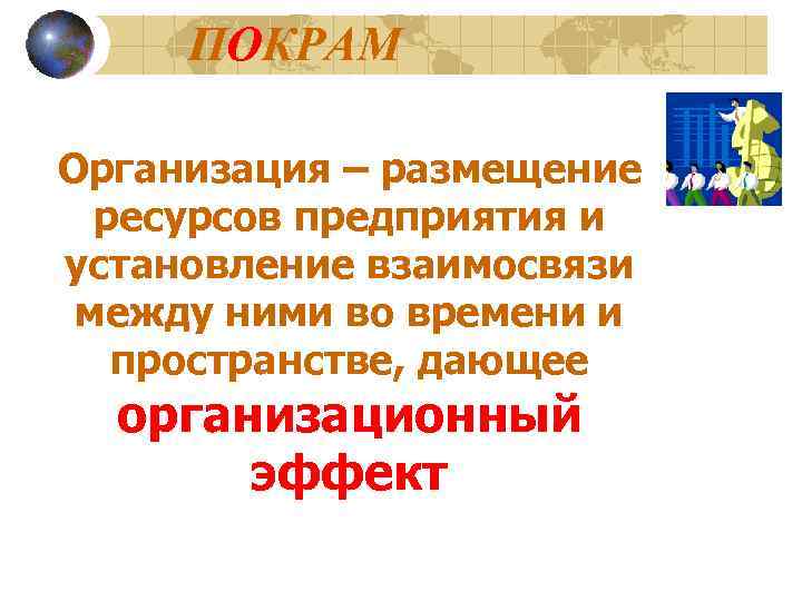  ПОКРАМ Организация – размещение  ресурсов предприятия и установление взаимосвязи между ними во