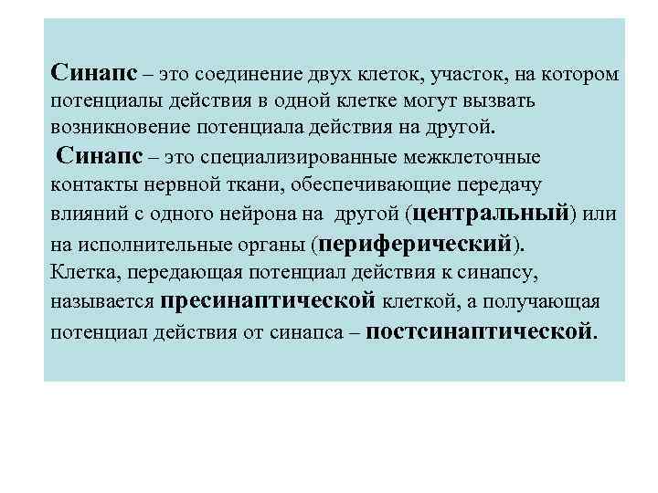 Синапс – это соединение двух клеток, участок, на котором потенциалы действия в одной клетке
